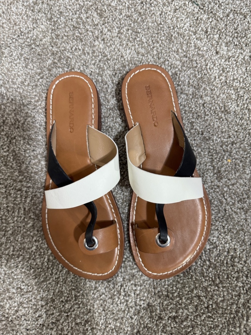Bernardo Brown, White & Black Leather Slide Sandals